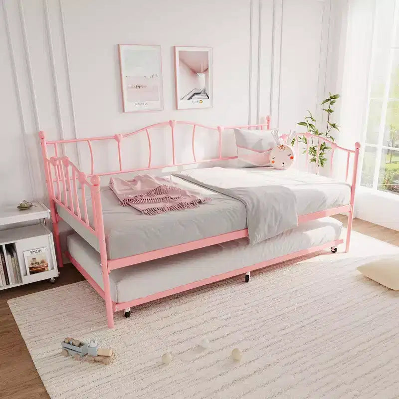 Lit de repos double en métal, lit de repos double avec lit gigogne extractible et tête de lit, cadre de canapé-lit en métal avec support à lattes en acier pour salon et chambre à coucher
