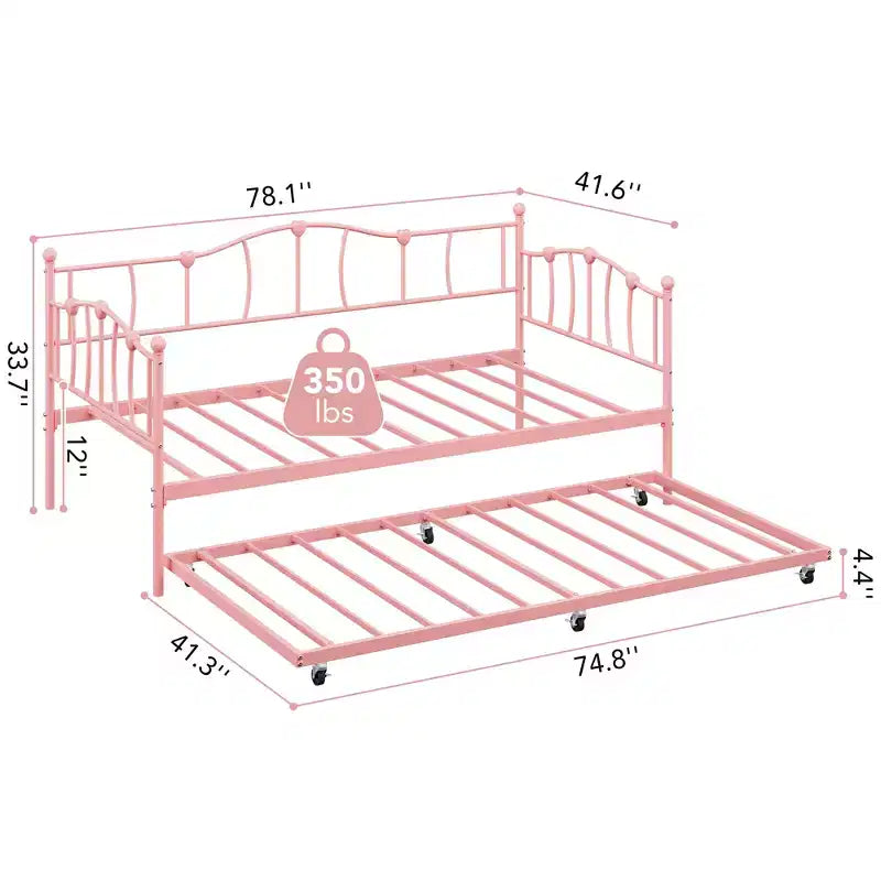 Lit de repos double en métal, lit de repos double avec lit gigogne extractible et tête de lit, cadre de canapé-lit en métal avec support à lattes en acier pour salon et chambre à coucher