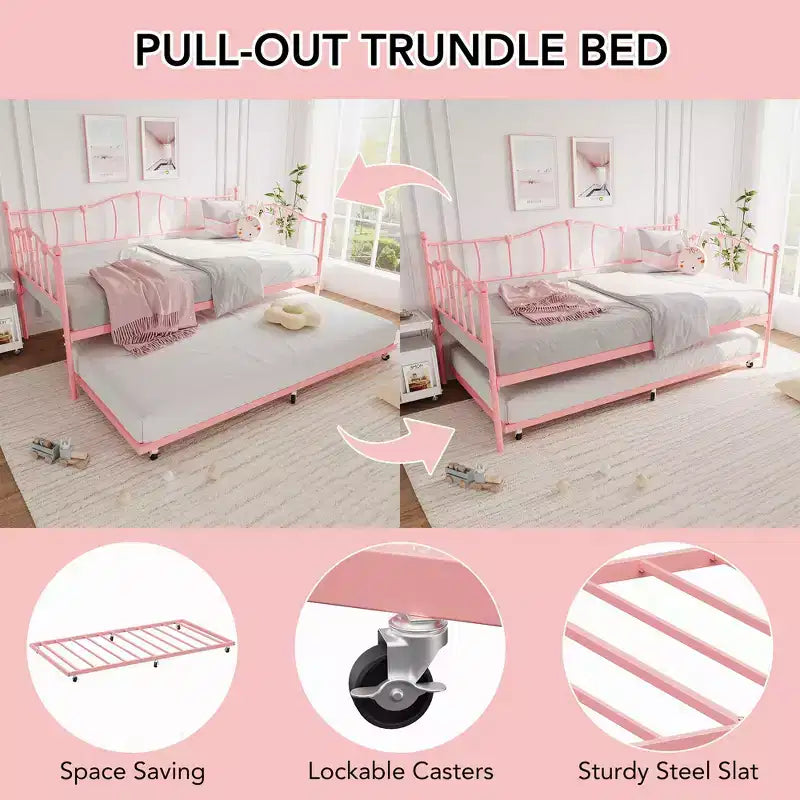 Lit de repos double en métal, lit de repos double avec lit gigogne extractible et tête de lit, cadre de canapé-lit en métal avec support à lattes en acier pour salon et chambre à coucher