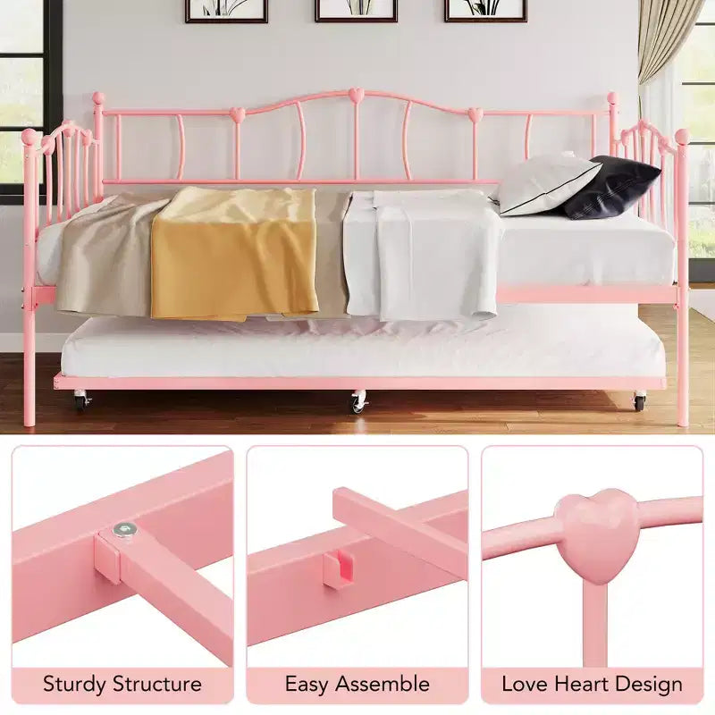 Lit de repos double en métal, lit de repos double avec lit gigogne extractible et tête de lit, cadre de canapé-lit en métal avec support à lattes en acier pour salon et chambre à coucher