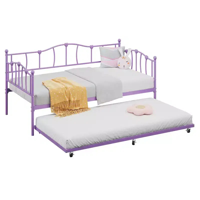 Lit de repos double en métal, lit de repos double avec lit gigogne extractible et tête de lit, cadre de canapé-lit en métal avec support à lattes en acier pour salon et chambre à coucher