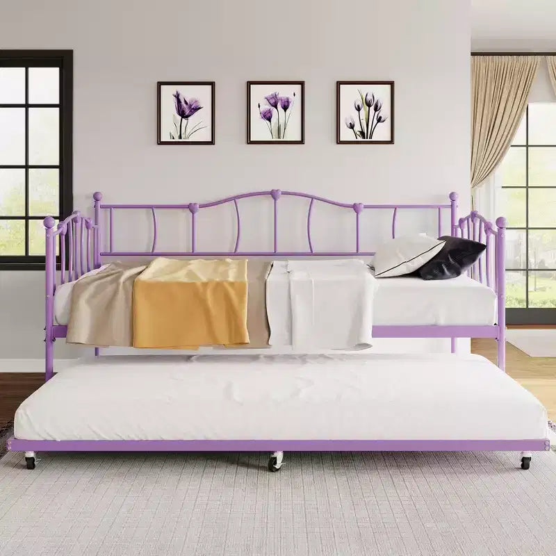 Lit de repos double en métal, lit de repos double avec lit gigogne extractible et tête de lit, cadre de canapé-lit en métal avec support à lattes en acier pour salon et chambre à coucher