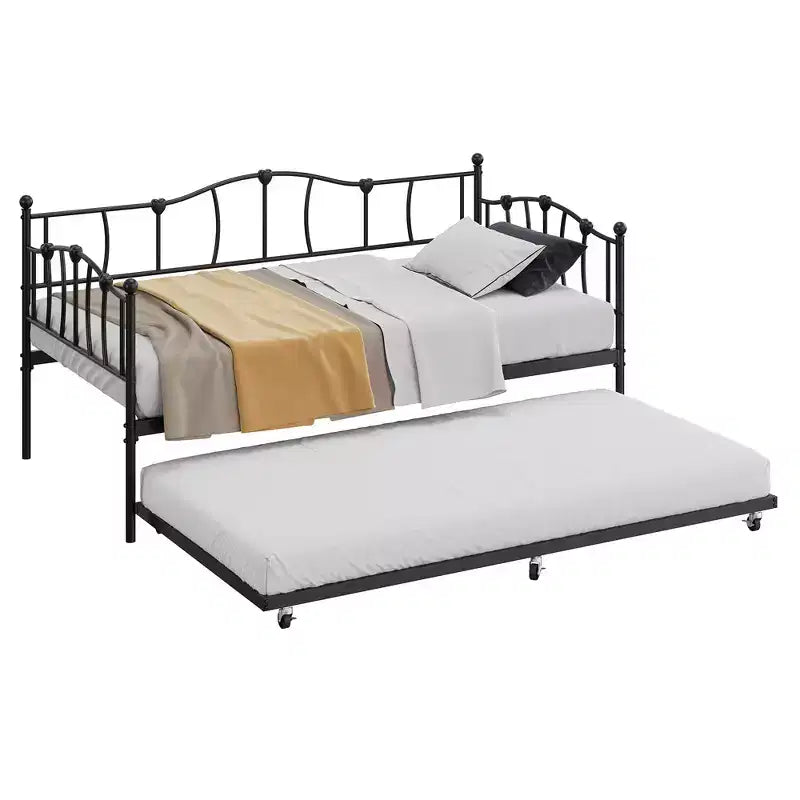 Lit de repos double en métal, lit de repos double avec lit gigogne extractible et tête de lit, cadre de canapé-lit en métal avec support à lattes en acier pour salon et chambre à coucher
