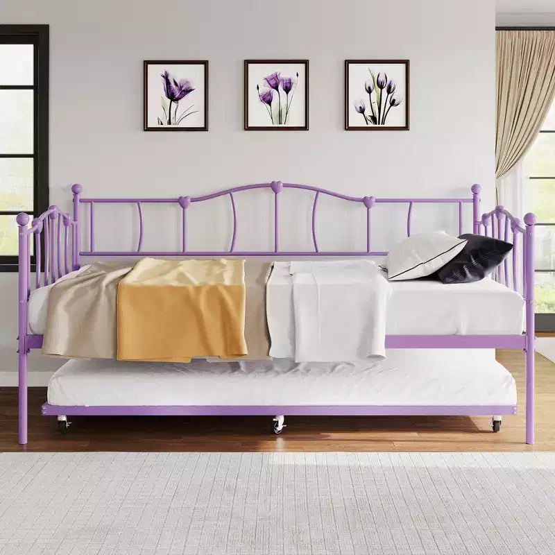 Lit de repos double en métal, lit de repos double avec lit gigogne extractible et tête de lit, cadre de canapé-lit en métal avec support à lattes en acier pour salon et chambre à coucher