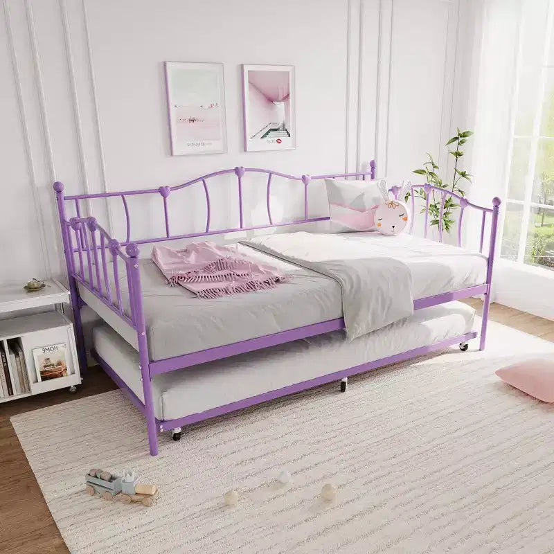 Lit de repos double en métal, lit de repos double avec lit gigogne extractible et tête de lit, cadre de canapé-lit en métal avec support à lattes en acier pour salon et chambre à coucher