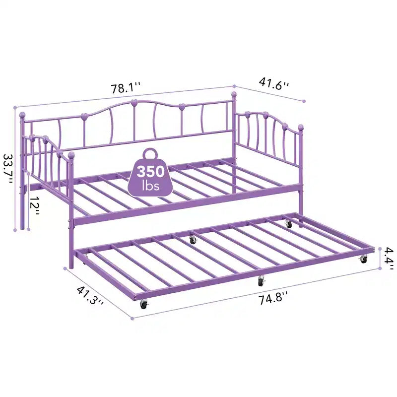Lit de repos double en métal, lit de repos double avec lit gigogne extractible et tête de lit, cadre de canapé-lit en métal avec support à lattes en acier pour salon et chambre à coucher