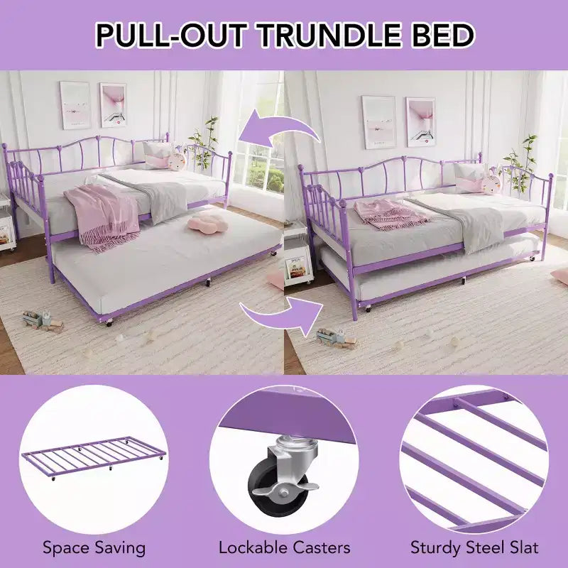 Lit de repos double en métal, lit de repos double avec lit gigogne extractible et tête de lit, cadre de canapé-lit en métal avec support à lattes en acier pour salon et chambre à coucher