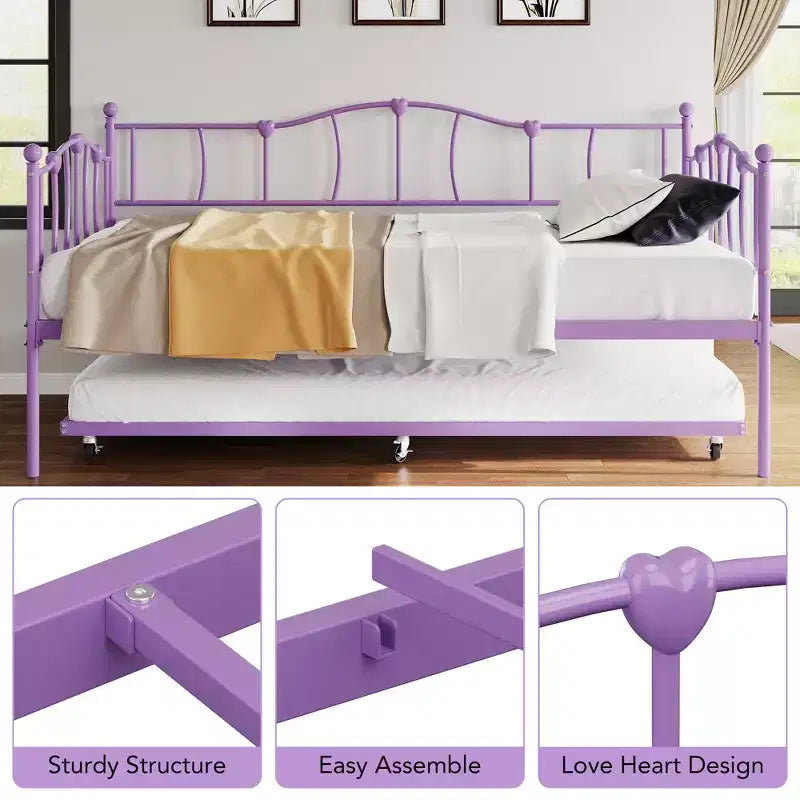 Lit de repos double en métal, lit de repos double avec lit gigogne extractible et tête de lit, cadre de canapé-lit en métal avec support à lattes en acier pour salon et chambre à coucher