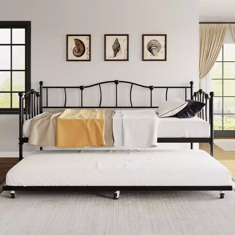 Lit de repos double en métal, lit de repos double avec lit gigogne extractible et tête de lit, cadre de canapé-lit en métal avec support à lattes en acier pour salon et chambre à coucher
