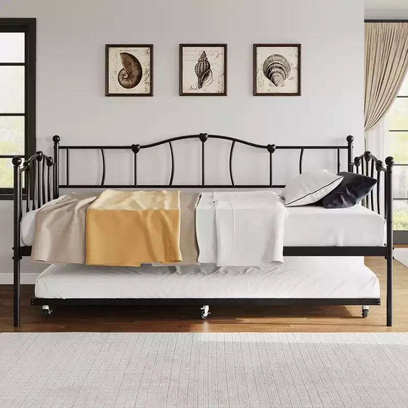 Lit de repos double en métal, lit de repos double avec lit gigogne extractible et tête de lit, cadre de canapé-lit en métal avec support à lattes en acier pour salon et chambre à coucher