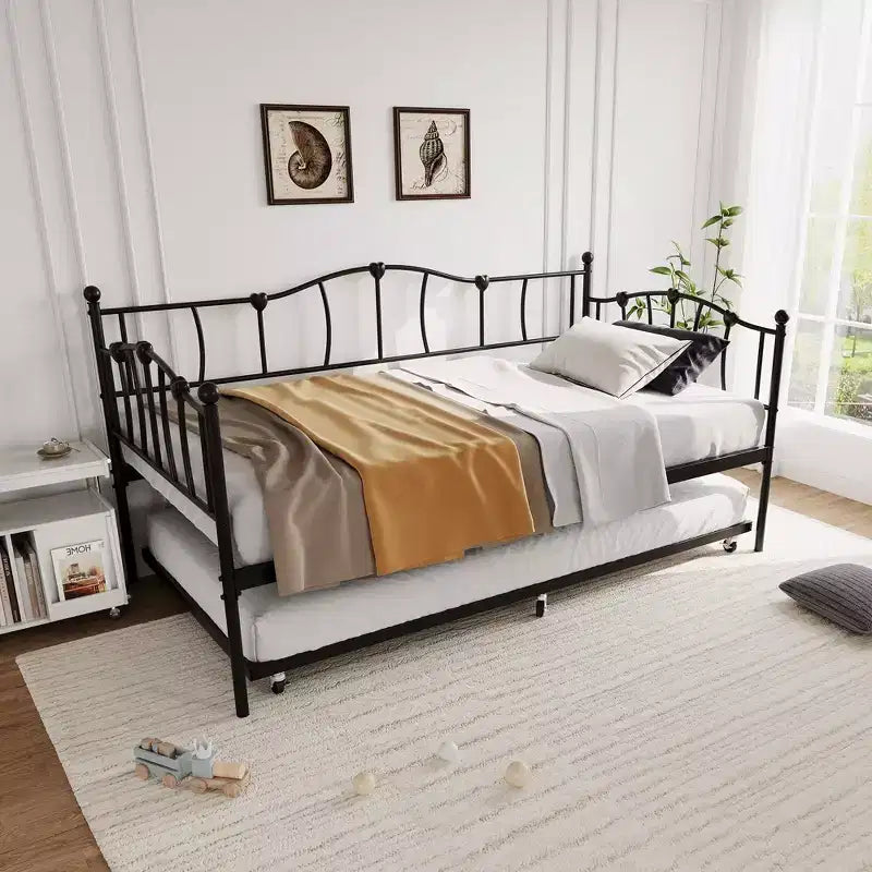 Lit de repos double en métal, lit de repos double avec lit gigogne extractible et tête de lit, cadre de canapé-lit en métal avec support à lattes en acier pour salon et chambre à coucher