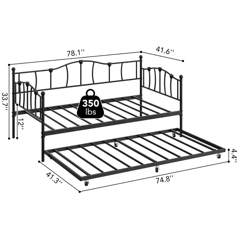 Lit de repos double en métal, lit de repos double avec lit gigogne extractible et tête de lit, cadre de canapé-lit en métal avec support à lattes en acier pour salon et chambre à coucher
