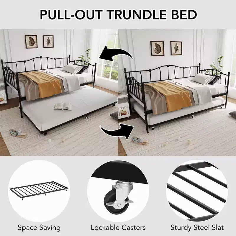 Lit de repos double en métal, lit de repos double avec lit gigogne extractible et tête de lit, cadre de canapé-lit en métal avec support à lattes en acier pour salon et chambre à coucher
