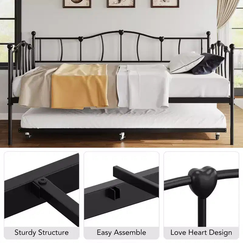 Lit de repos double en métal, lit de repos double avec lit gigogne extractible et tête de lit, cadre de canapé-lit en métal avec support à lattes en acier pour salon et chambre à coucher