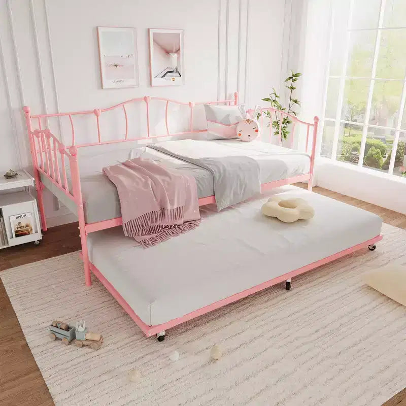 Lit de repos double en métal, lit de repos double avec lit gigogne extractible et tête de lit, cadre de canapé-lit en métal avec support à lattes en acier pour salon et chambre à coucher