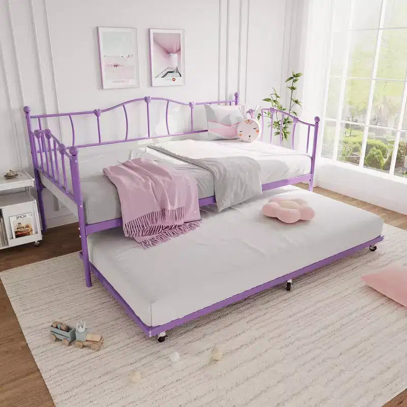 Lit de repos double en métal, lit de repos double avec lit gigogne extractible et tête de lit, cadre de canapé-lit en métal avec support à lattes en acier pour salon et chambre à coucher