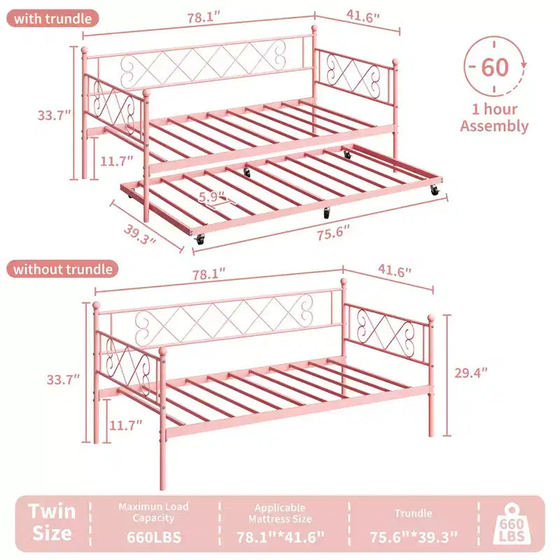 Lit de repos avec lit gigogne, cadre de lit jumeau en métal avec tête de lit, plateforme de sommier multifonctionnelle, canapé-lit pour chambre à coucher, salon, chambre d'amis