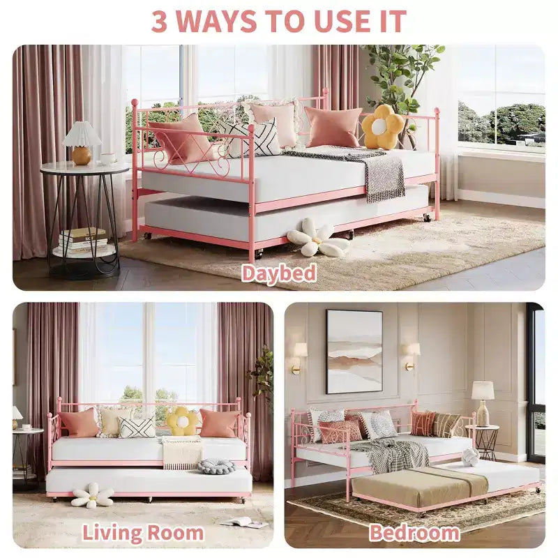 Lit de repos avec lit gigogne, cadre de lit jumeau en métal avec tête de lit, plateforme de sommier multifonctionnelle, canapé-lit pour chambre à coucher, salon, chambre d'amis
