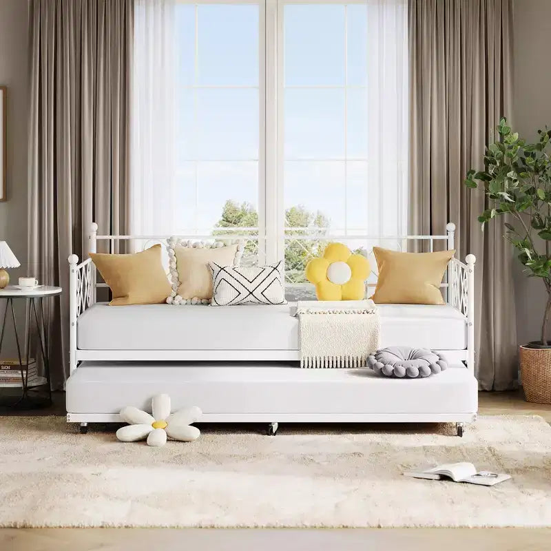 Lit de repos avec lit gigogne, cadre de lit jumeau en métal avec tête de lit, plateforme de sommier multifonctionnelle, canapé-lit pour chambre à coucher, salon, chambre d'amis