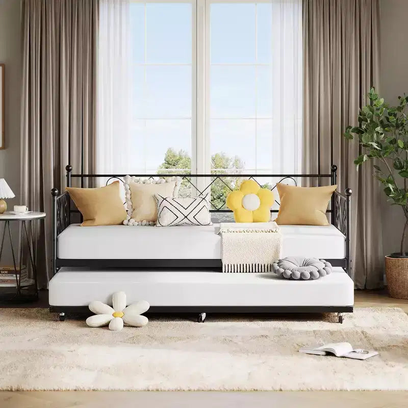 Lit de repos avec lit gigogne, cadre de lit jumeau en métal avec tête de lit, plateforme de sommier multifonctionnelle, canapé-lit pour chambre à coucher, salon, chambre d'amis