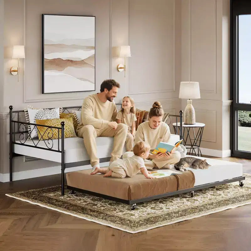 Lit de repos avec lit gigogne, cadre de lit jumeau en métal avec tête de lit, plateforme de sommier multifonctionnelle, canapé-lit pour chambre à coucher, salon, chambre d'amis