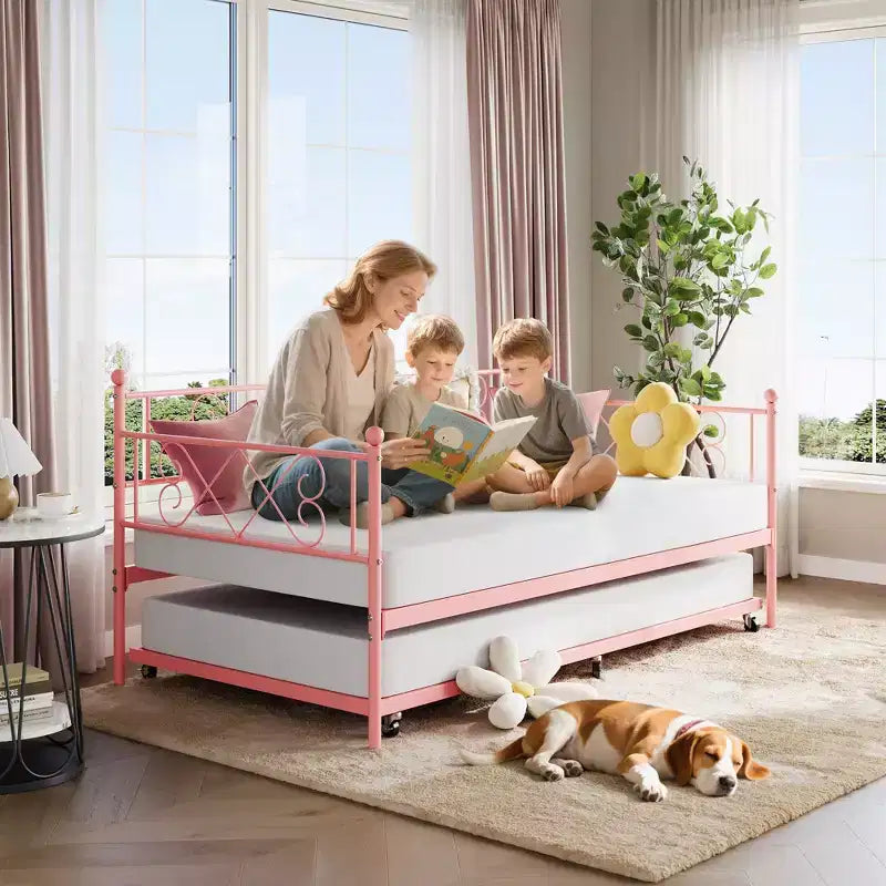 Lit de repos avec lit gigogne, cadre de lit jumeau en métal avec tête de lit, plateforme de sommier multifonctionnelle, canapé-lit pour chambre à coucher, salon, chambre d'amis