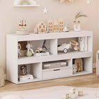 Kids Bookshelf with Drawer, Wooden Toy Storage Organizer, White Bookcase for Playroom, Classroom, Kids Room