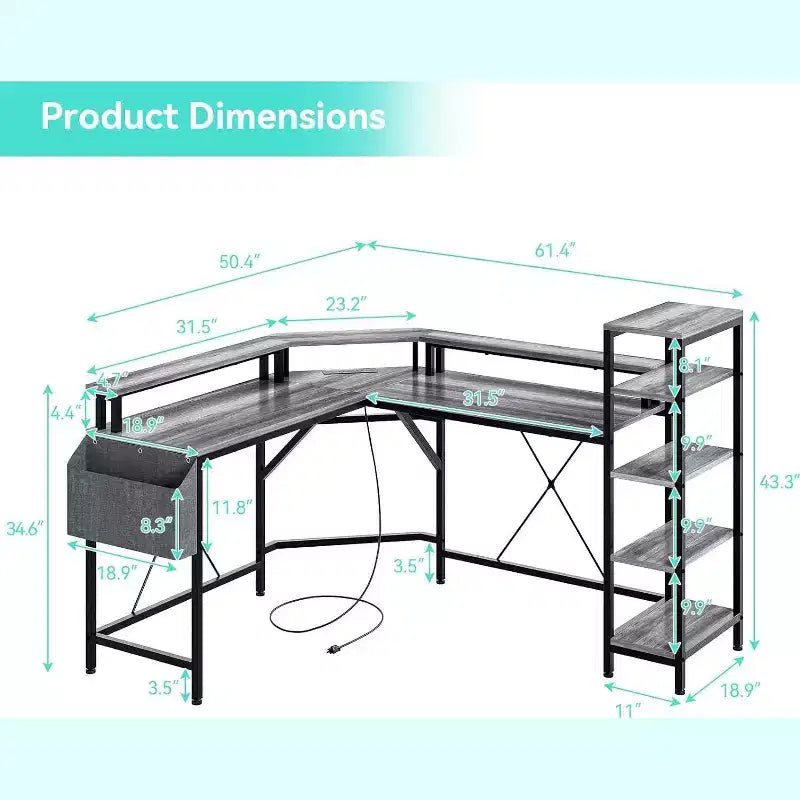 Bureau d'angle en forme de L de 157 cm avec prises de courant, lumières LED, support d'écran et étagères de rangement, bureau ergonomique pour le bureau à domicile