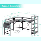 Bureau d'angle en forme de L de 157 cm avec prises de courant, lumières LED, support d'écran et étagères de rangement, bureau ergonomique pour le bureau à domicile