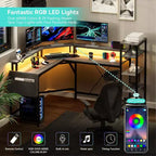 Bureau d'angle en forme de L de 157 cm avec prises de courant, lumières LED, support d'écran et étagères de rangement, bureau ergonomique pour le bureau à domicile