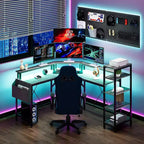 Bureau d'angle en forme de L de 157 cm avec prises de courant, lumières LED, support d'écran et étagères de rangement, bureau ergonomique pour le bureau à domicile