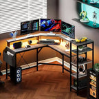 Bureau d'angle en forme de L de 157 cm avec prises de courant, lumières LED, support d'écran et étagères de rangement, bureau ergonomique pour le bureau à domicile