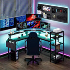 Bureau d'angle en forme de L de 157 cm avec prises de courant, lumières LED, support d'écran et étagères de rangement, bureau ergonomique pour le bureau à domicile