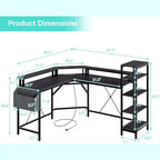 Bureau d'angle en forme de L de 157 cm avec prises de courant, lumières LED, support d'écran et étagères de rangement, bureau ergonomique pour le bureau à domicile