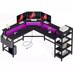 Bureau d'angle en forme de L de 157 cm avec prises de courant, lumières LED, support d'écran et étagères de rangement, bureau ergonomique pour le bureau à domicile