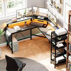 Bureau d'angle en forme de L de 157 cm avec prises de courant, lumières LED, support d'écran et étagères de rangement, bureau ergonomique pour le bureau à domicile
