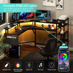 Bureau d'angle en forme de L de 157 cm avec prises de courant, lumières LED, support d'écran et étagères de rangement, bureau ergonomique pour le bureau à domicile