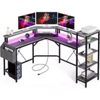 Bureau d'angle en forme de L de 157 cm avec prises de courant, lumières LED, support d'écran et étagères de rangement, bureau ergonomique pour le bureau à domicile