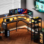 Acekool 62 L-Shaped Computer Desk with Power Outlets, LED Lights, Monitor Stand & Storage Shelves, Ergonomic Corner Desk for Home Office