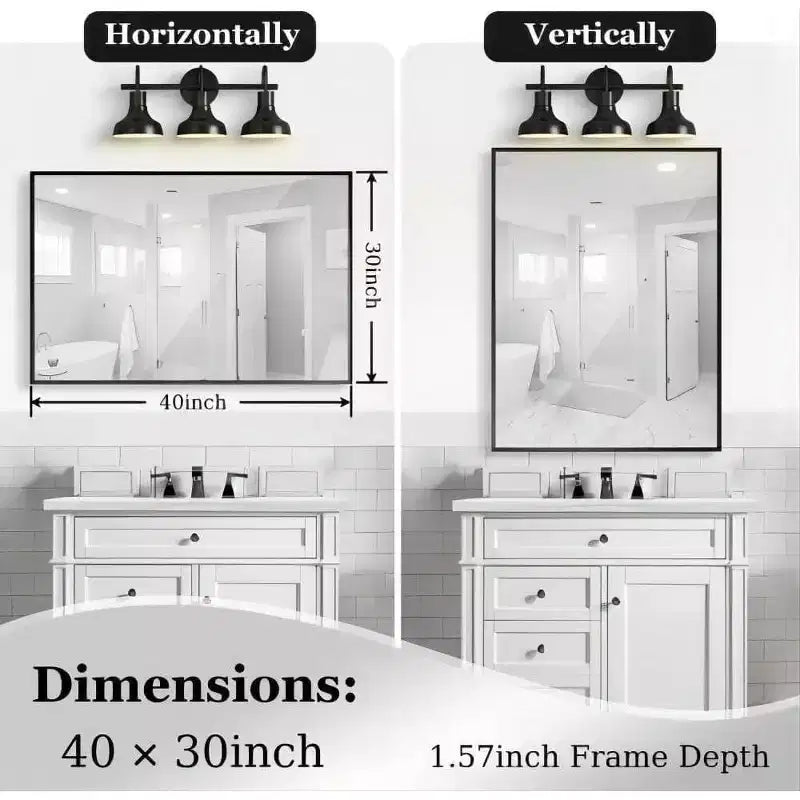 Miroir de salle de bain 40x30 pouces Miroir mural rectangulaire moderne à coins carrés avec cadre en métal pour salon, entrées 40x30 pouces