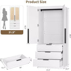 Armoire en rotin avec 3 tiroirs et 2 portes, armoire haute en bois pour suspendre les vêtements, meuble de rangement de chambre à coucher