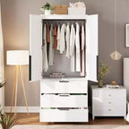 Armoire en rotin avec 3 tiroirs et 2 portes, armoire haute en bois pour suspendre les vêtements, meuble de rangement de chambre à coucher