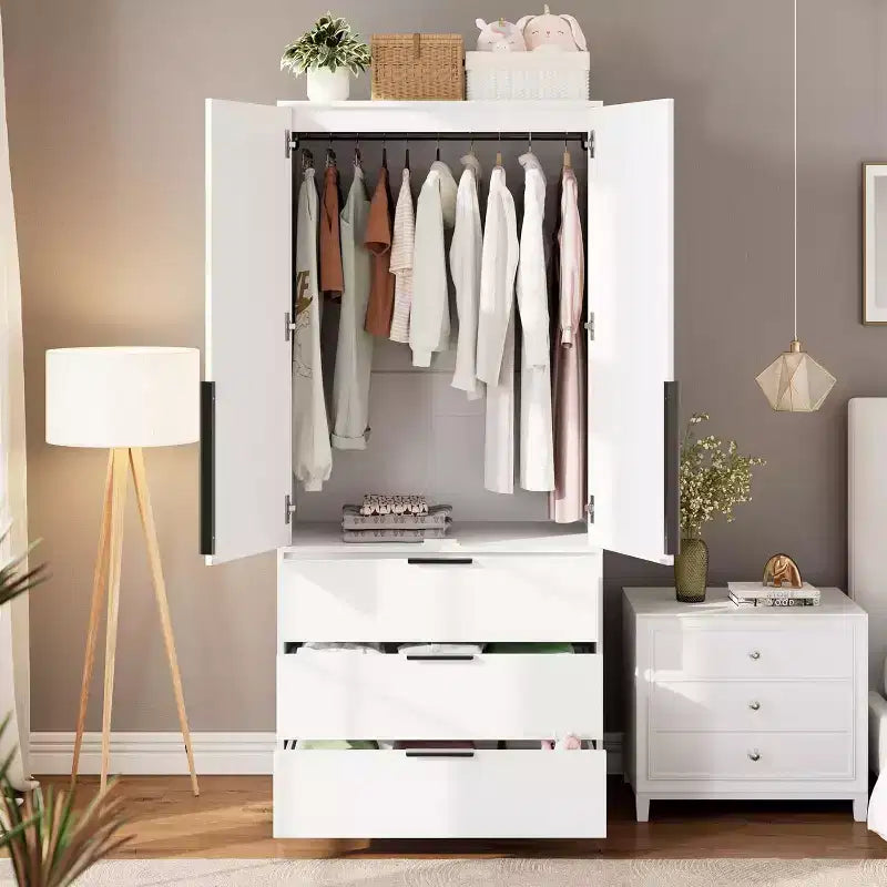 Armoire en rotin avec 3 tiroirs et 2 portes, armoire haute en bois pour suspendre les vêtements, meuble de rangement de chambre à coucher
