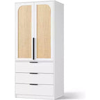 Armoire en rotin avec 3 tiroirs et 2 portes, armoire haute en bois pour suspendre les vêtements, meuble de rangement de chambre à coucher