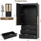 Armoire en rotin avec 3 tiroirs et 2 portes, armoire haute en bois pour suspendre les vêtements, meuble de rangement de chambre à coucher