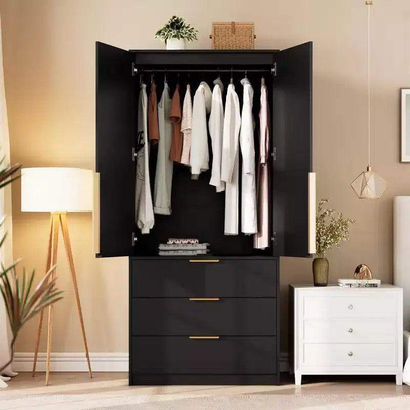 Armoire en rotin avec 3 tiroirs et 2 portes, armoire haute en bois pour suspendre les vêtements, meuble de rangement de chambre à coucher