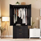 Armoire en rotin avec 3 tiroirs et 2 portes, armoire haute en bois pour suspendre les vêtements, meuble de rangement de chambre à coucher