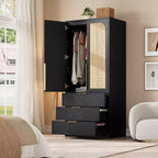 Armoire en rotin avec 3 tiroirs et 2 portes, armoire haute en bois pour suspendre les vêtements, meuble de rangement de chambre à coucher