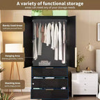 Armoire en rotin avec 3 tiroirs et 2 portes, armoire haute en bois pour suspendre les vêtements, meuble de rangement de chambre à coucher