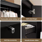 Armoire en rotin avec 3 tiroirs et 2 portes, armoire haute en bois pour suspendre les vêtements, meuble de rangement de chambre à coucher